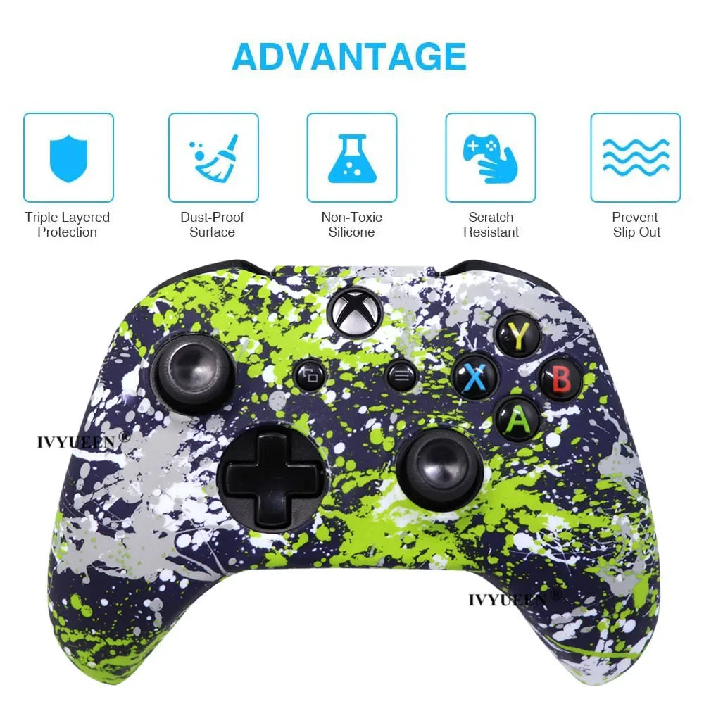 IVYUEEN Silicone Protective Skin Case for XBox One X S Controller Protector Water Transfer Printing Camouflage Cover Grips Caps