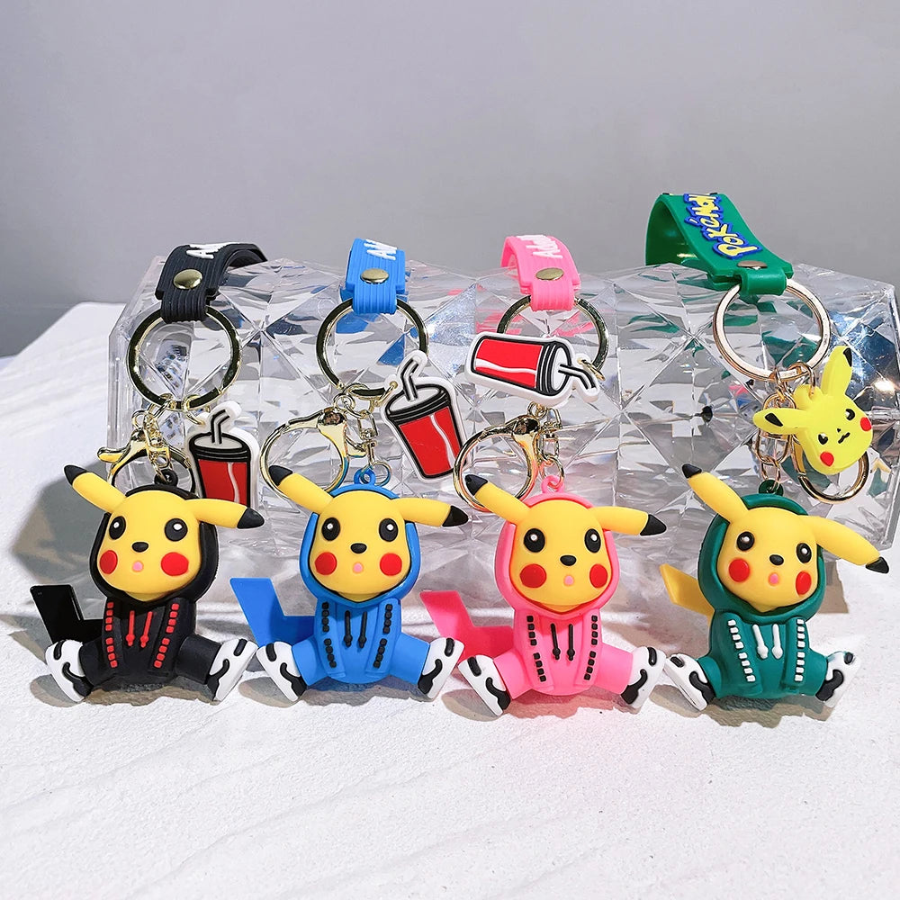 Anime Figure Pikachu Keychain Cosplay Hoodie Pikachu Silicone Pendant Keyring Cute Figure Decoration Key Holder Accessories Gift