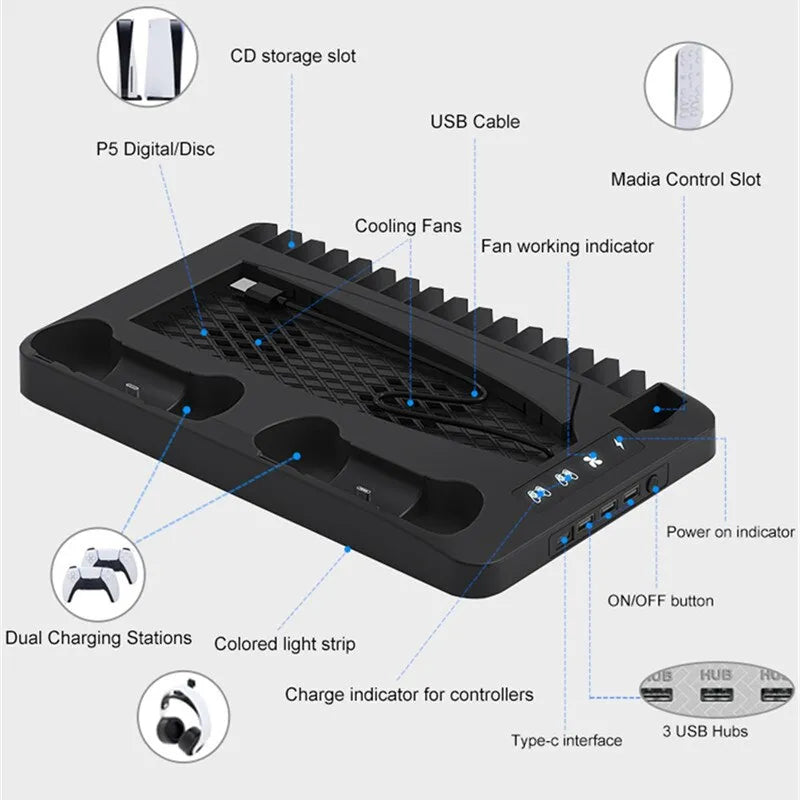 YLW P58 P5 Stand Cooling Station With RGB Light Cooling Fan Dual Controllers Charger For Playstation 5 Game PS5 Accessories