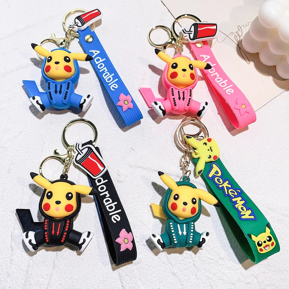 Anime Figure Pikachu Keychain Cosplay Hoodie Pikachu Silicone Pendant Keyring Cute Figure Decoration Key Holder Accessories Gift