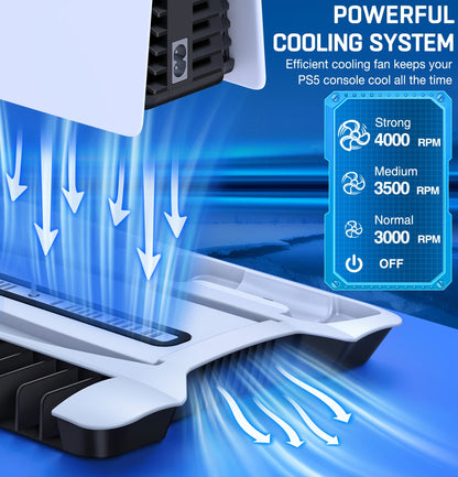 3 Mode Led Cooling Fan for PS5 Vertical Stand 2 Controller Charging Dock for Sony Playstation 5 Disc/Digital with 13 Game Slot