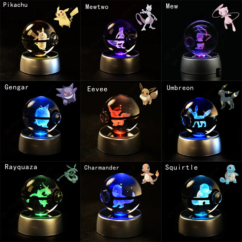 POKEMON 3D CRYSTAL BALL, WITH LED LIGHT BASE, Beautiful to make a gift