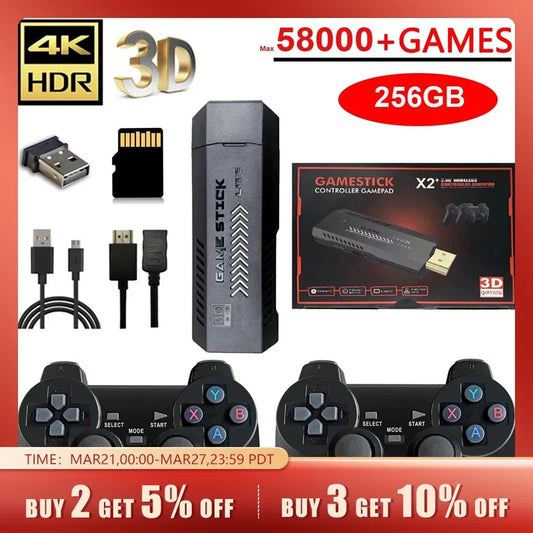 X2 Plus 256G 50000 Game GD10 Pro 4K Game Stick 3D HD Retro Video Game Console Wireless Controller TV 50 Emulator For PS1/N64/DC